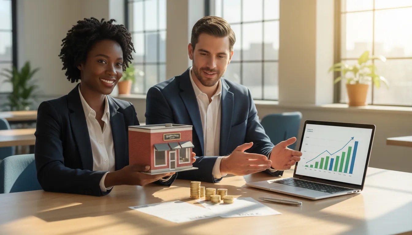 Business coach and small business owner reviewing growth chart, storefront model, coins and tax documents in a sunlit coworking space