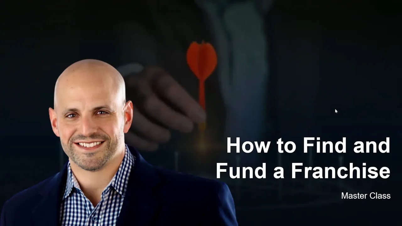 Podcast closing slide with host portrait on left and large title 'How to Find and Fund a Franchise' on the right