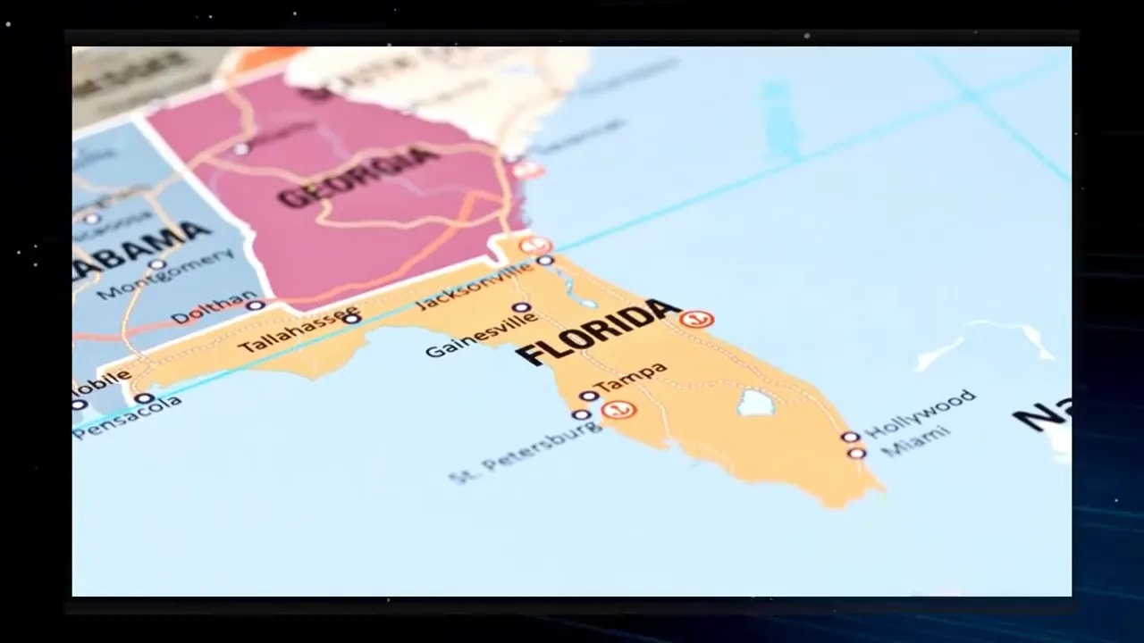 close-up map showing Florida and nearby southeastern states