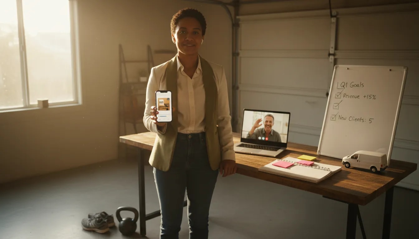 Founder in a bright home office holding a phone with earbuds, laptop on a coach video call, planner and checklist on a whiteboard, and exercise gear nearby — illustrating daily learning, exercise and coaching habits.