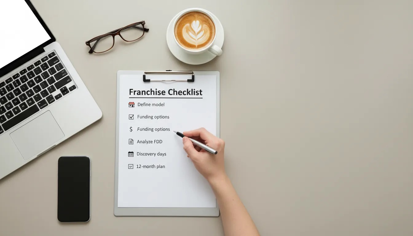 Top-down photo of a clipboard checklist titled 'Franchise Checklist' with boxes being checked, laptop, phone, coffee and small icons representing funding, FDD, and discovery day.