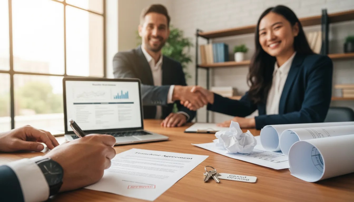 Person signing a franchise agreement at closing while shaking hands and receiving keys
