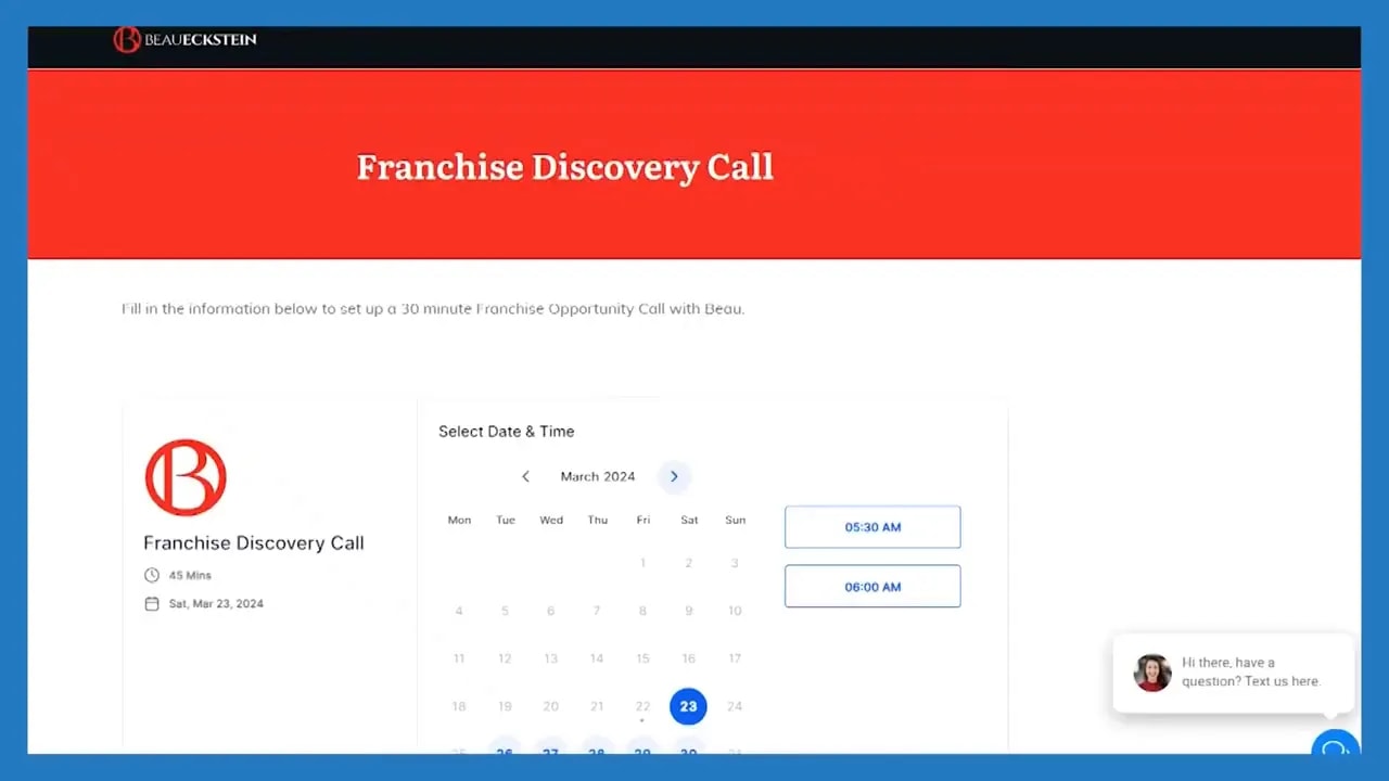Online calendar page for scheduling a franchise discovery call