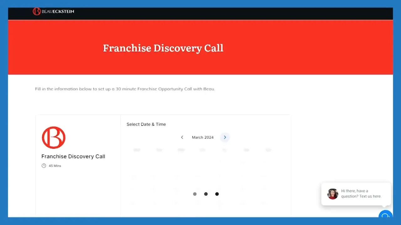 Online Franchise Discovery Call calendar showing available appointment times