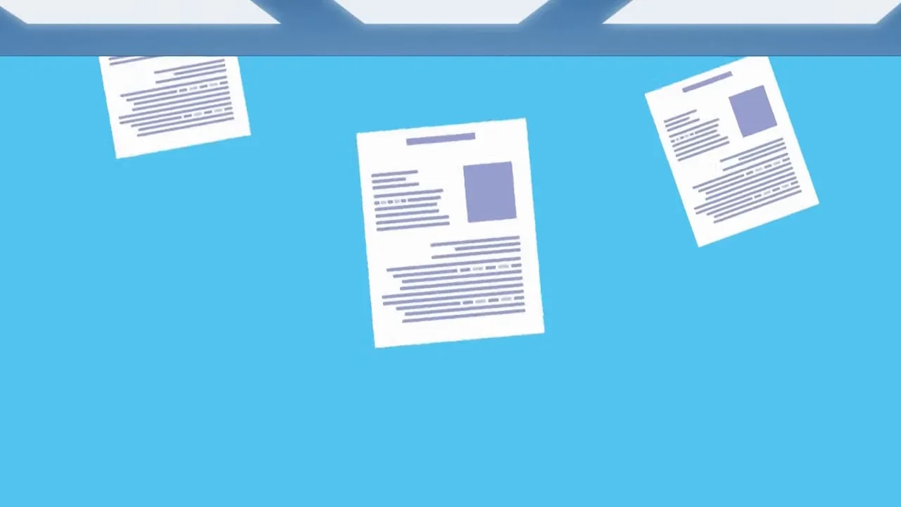 Illustrated business documents floating on a blue background