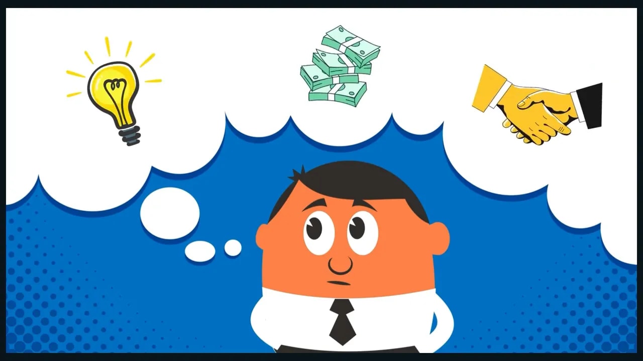 Illustration of a business person with lightbulb ideas, cash imagery, and a business handshake over a blue background