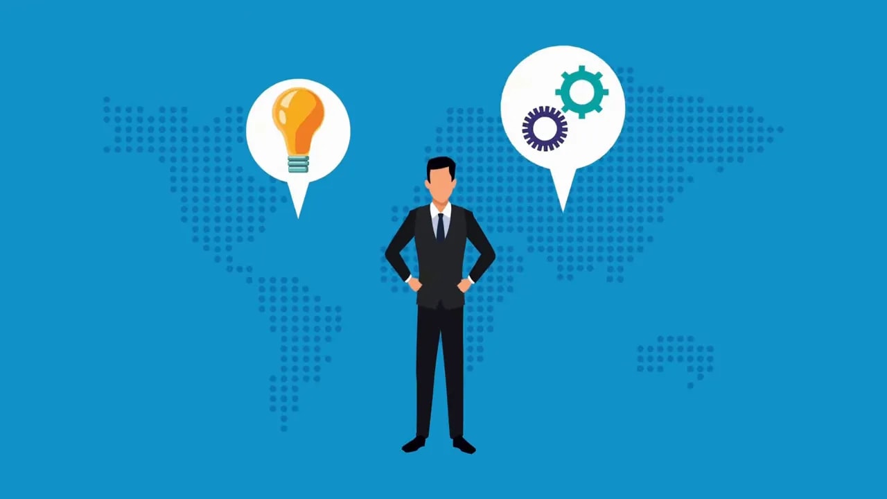 Illustration of a businessperson surrounded by idea, process, search, and performance icons