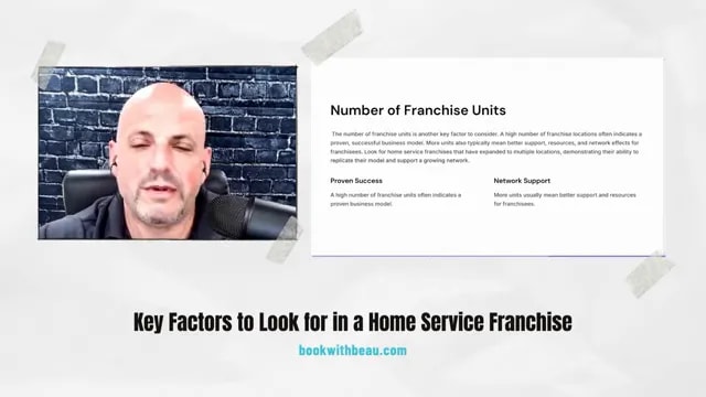 Presentation screen showing franchise unit count slide and presenter