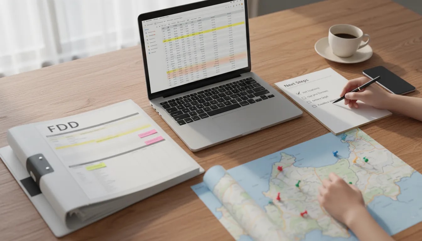 Overhead view of a workspace with a franchise startup checklist, open FDD binder, laptop showing a pro forma spreadsheet, and a map with territory pushpins