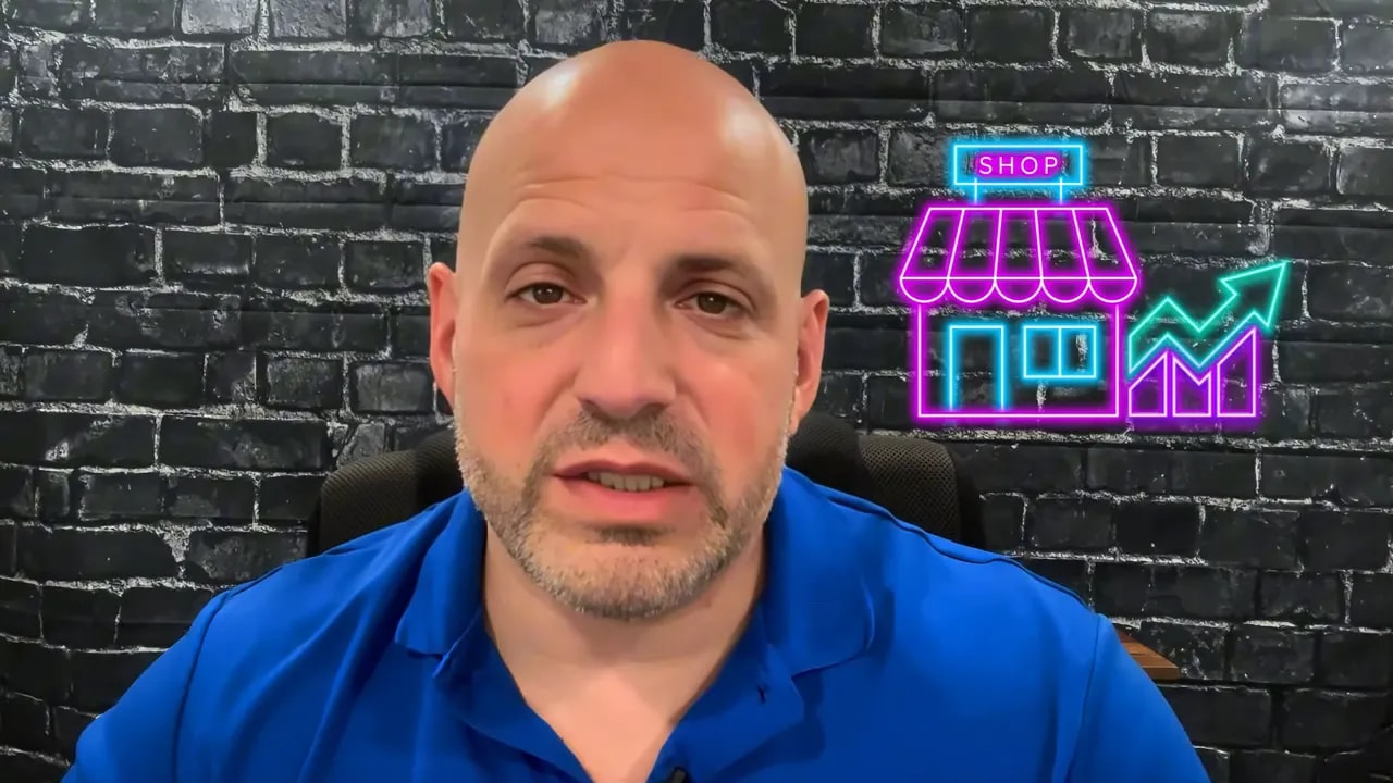 Neon shop icon with an upward growth chart on a brick wall