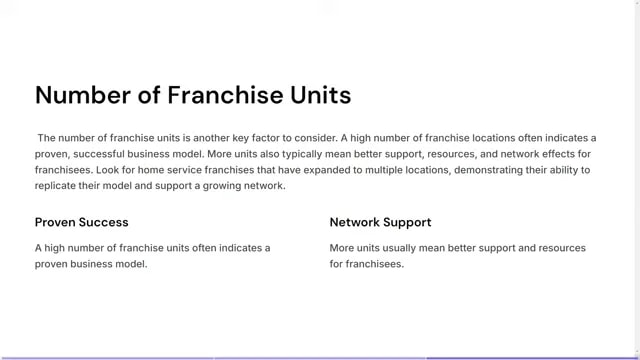 Slide titled Number of Franchise Units with sections for proven success and network support