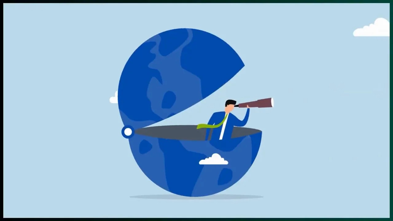 Illustration of a person using a telescope from inside a globe