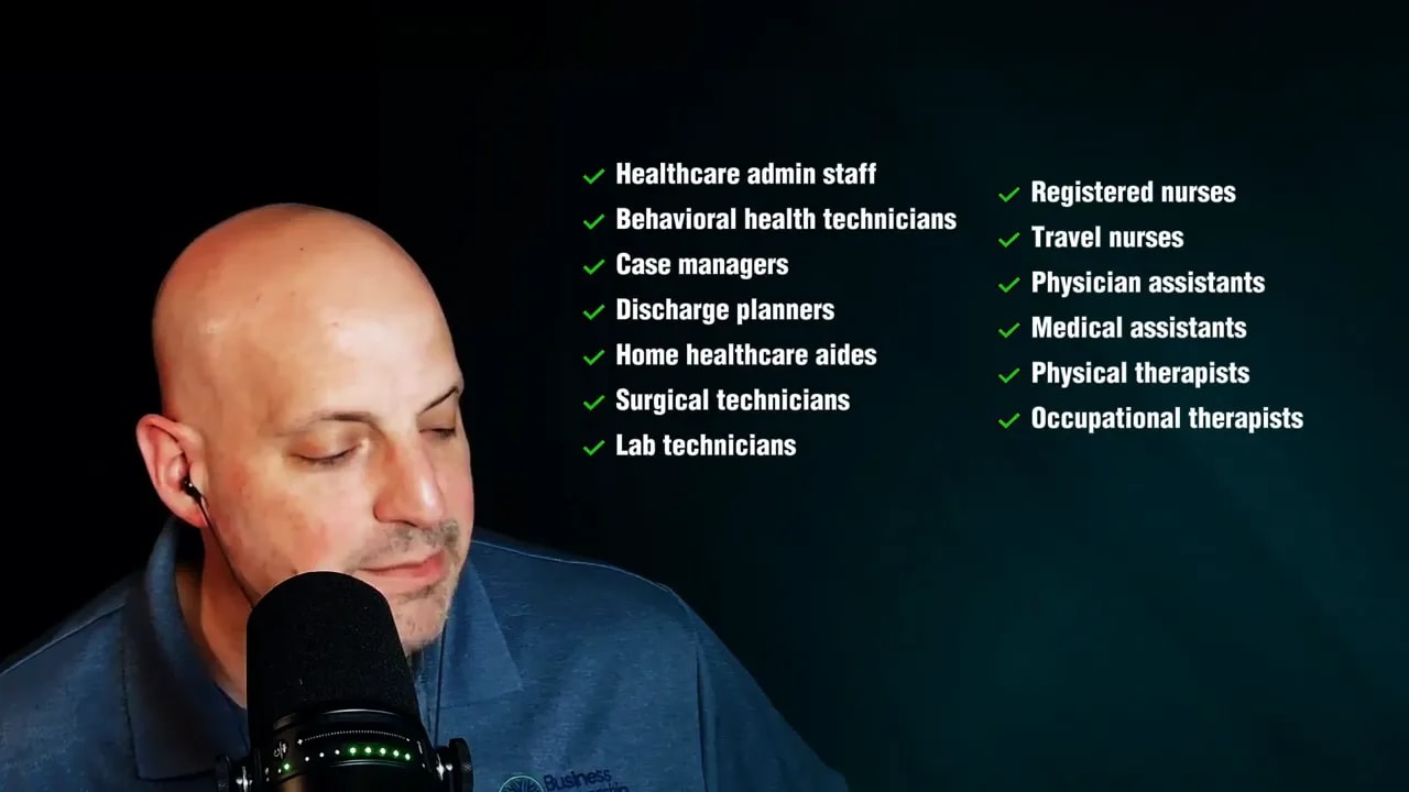 On-screen list of healthcare roles including nurses, technicians, assistants, and therapists