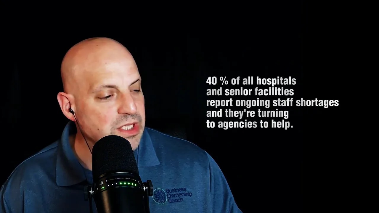 Presenter beside on-screen text about hospital and senior facility staff shortages