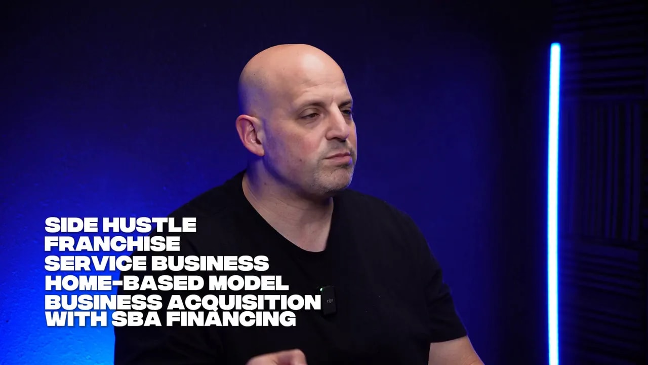 On-screen topics show home-based model, business acquisition, and SBA financing during discussion of starting a business without quitting