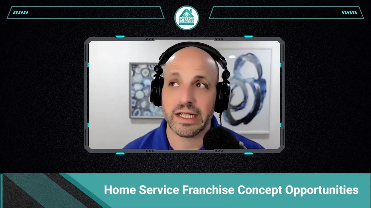 Podcast host speaking with lower-third title reading 'Home Service Franchise Concept Opportunities' in a branded video frame