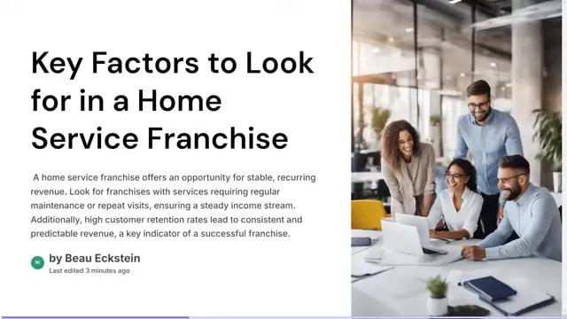 Slide titled Key Factors to Look for in a Home Service Franchise beside office team photo