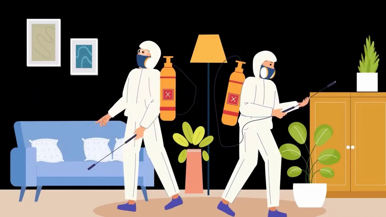 Illustration of technicians treating a home interior
