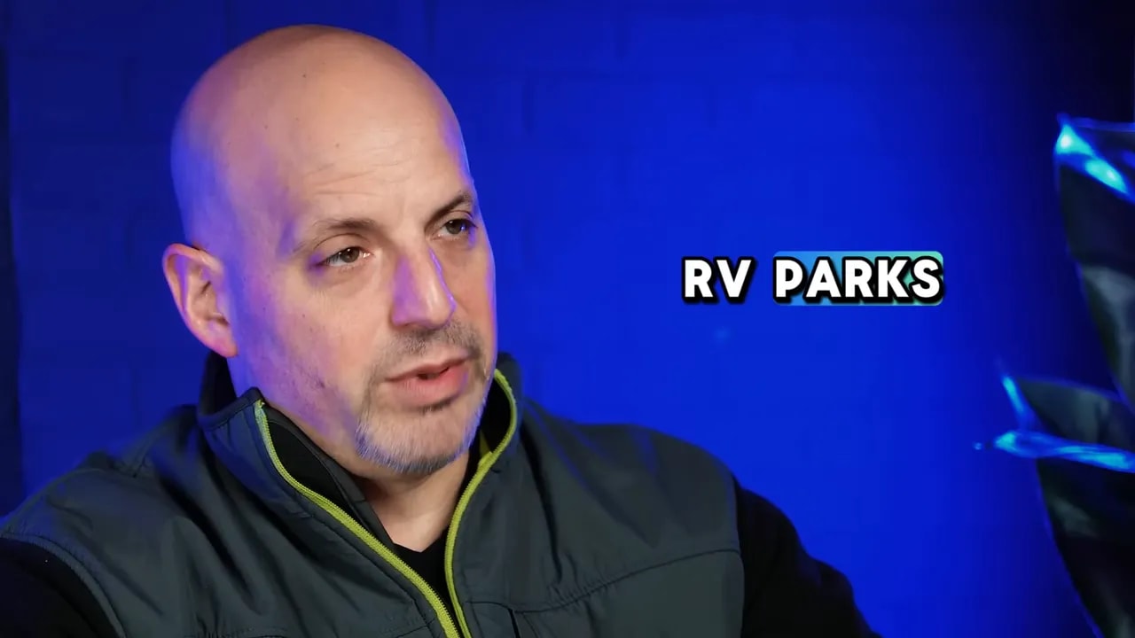 Speaker on blue background with text listing RV parks glamping resorts and boutique motels