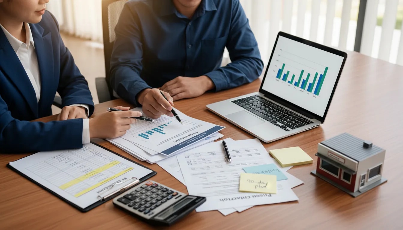 Two professionals reviewing a business acquisition checklist and financial documents with laptop and model storefront on a table