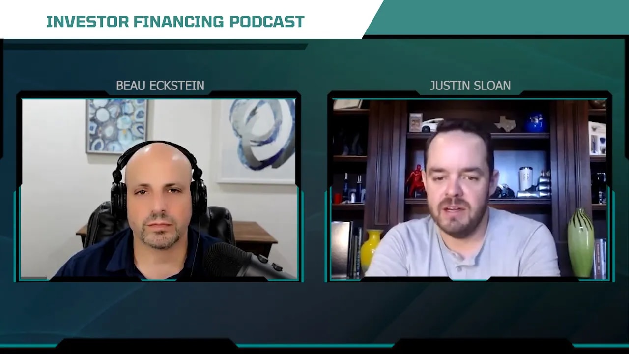 Clear split-screen podcast frame showing two hosts in home offices with teal branded margins.