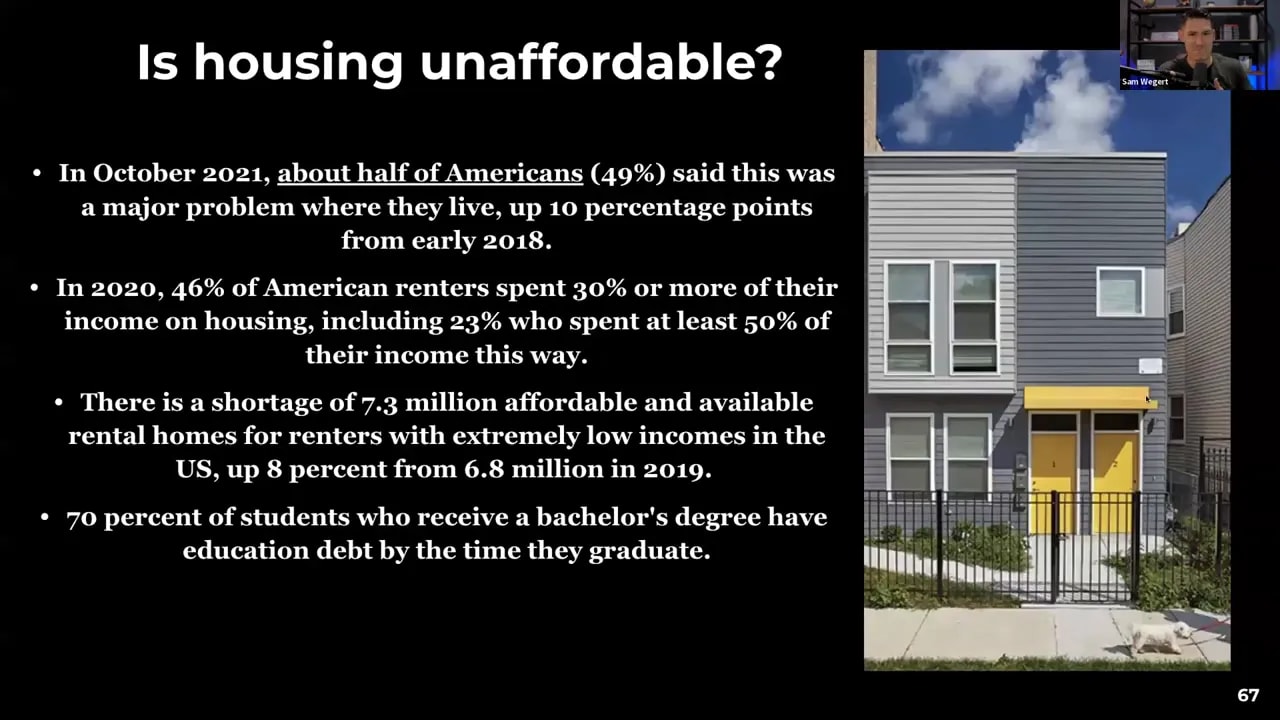 Screenshot slide titled Is housing unaffordable? with rental affordability statistics and a house exterior
