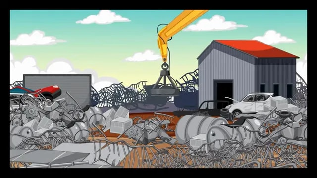 Scrap yard with crane lifting metal debris