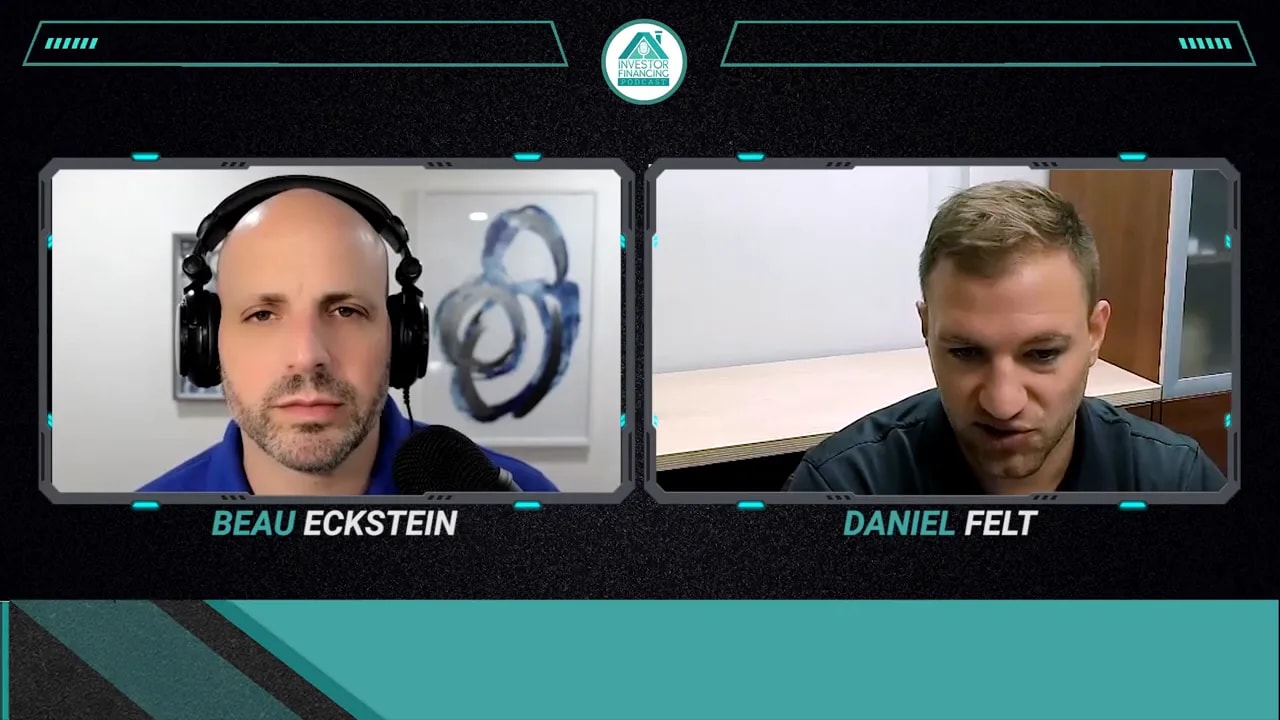 Clear split-screen podcast shot of two speakers explaining routine home maintenance packages and add-ons.
