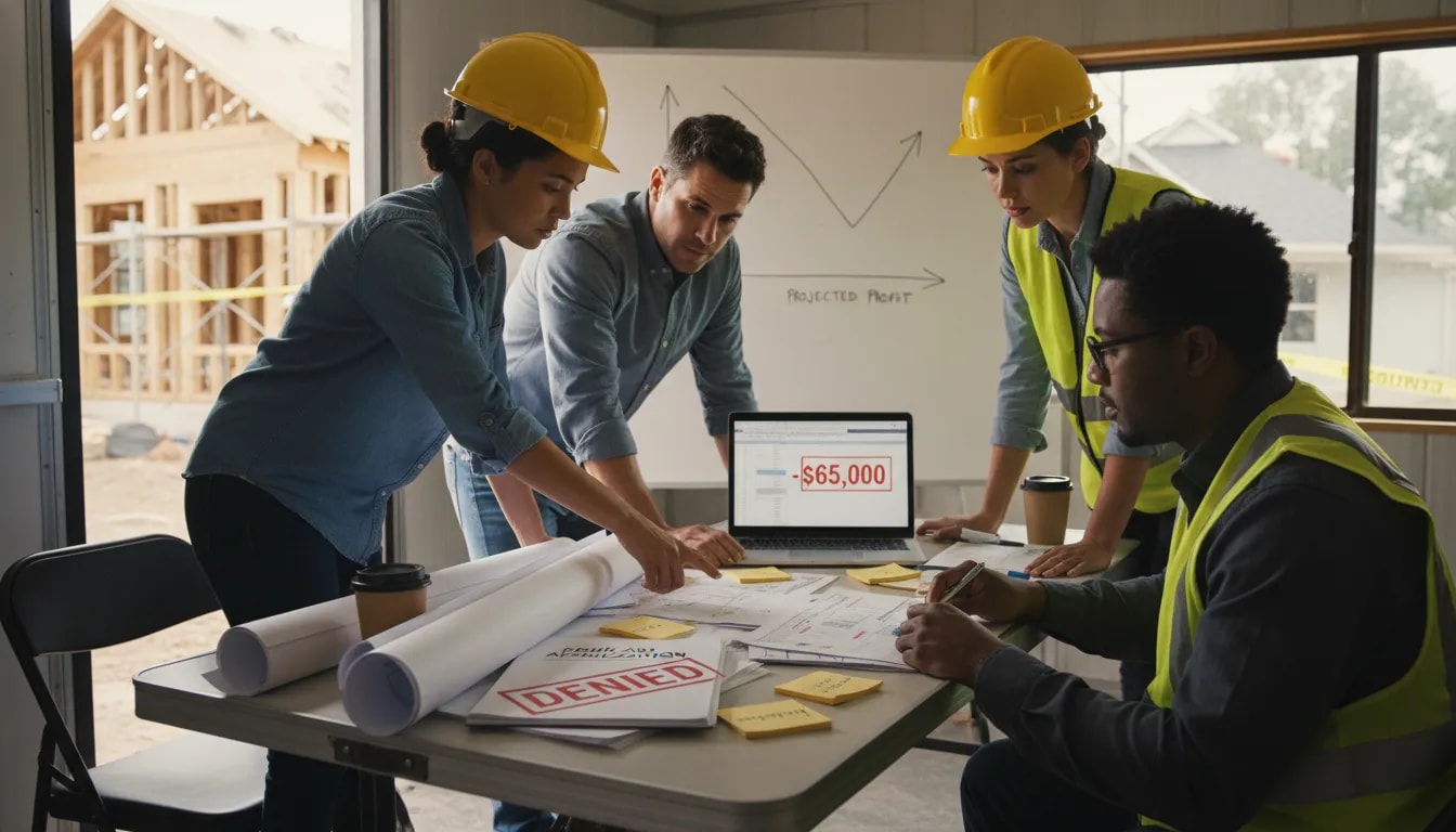 Project post-mortem at a construction site: team reviewing blueprints, permit paperwork marked 'delay', and a laptop showing a $65,000 loss.