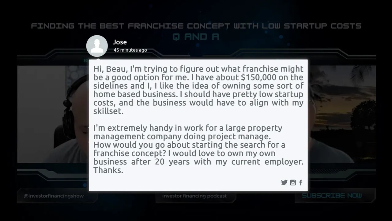 Screenshot of audience question asking for a low-startup, home-based franchise concept with about $150,000