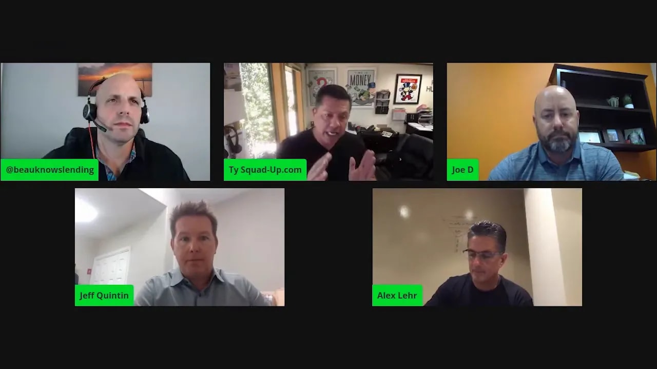 High-quality webinar grid where the central panelist is gesturing while discussing market opportunities; good lighting and clarity.
