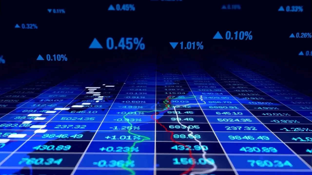 Digital market board with financial numbers and charts