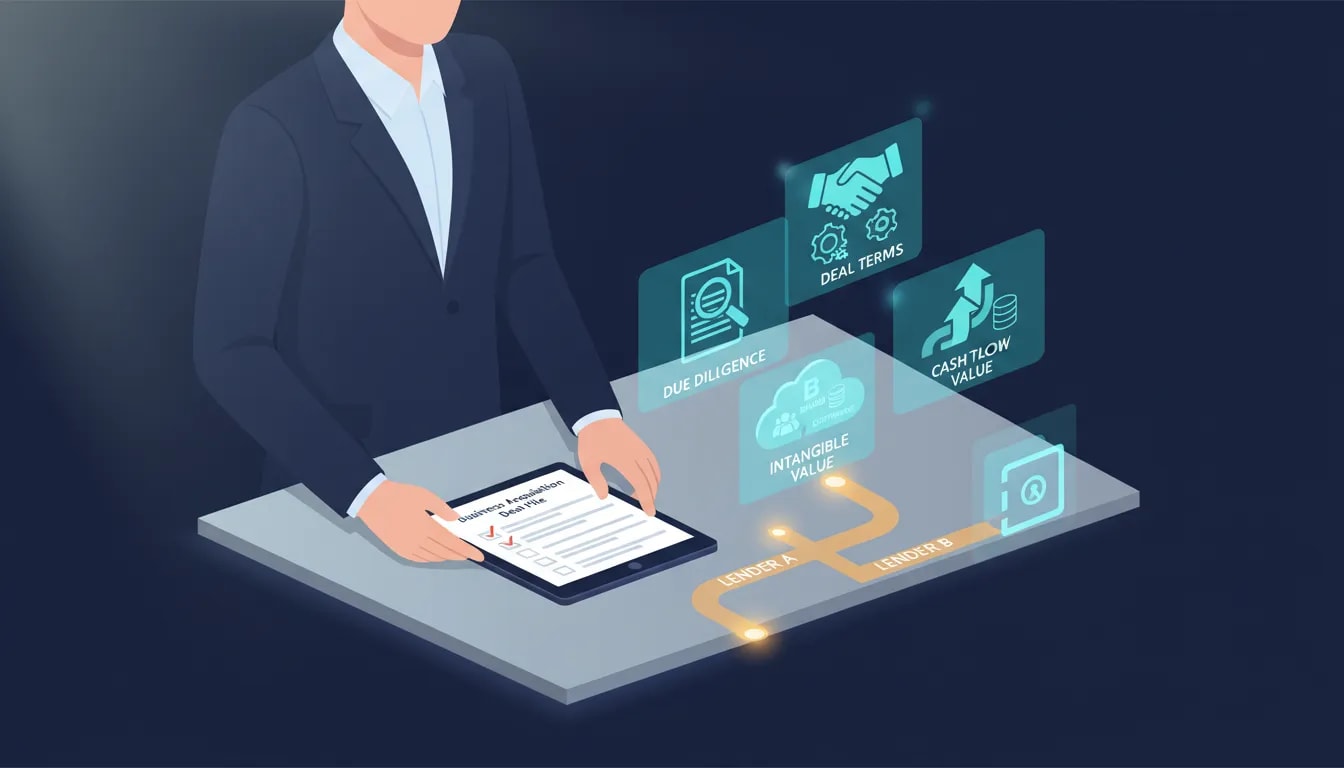Advisor reviews a business acquisition deal checklist and matches it to the right lender for SBA-style financing with limited collateral