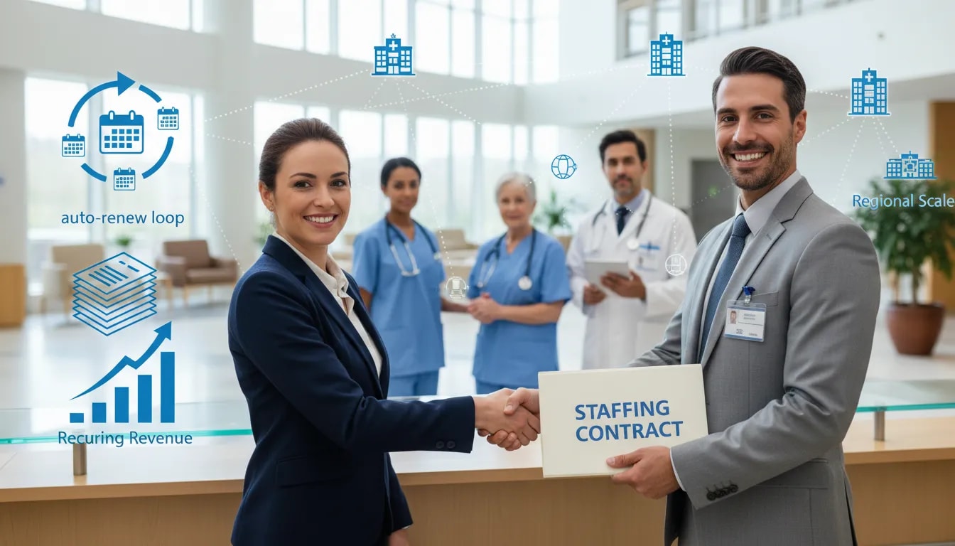 Staffing manager hands a hospital administrator a staffing contract while nurses stand ready; overlays show a recurring calendar and rising revenue chart.