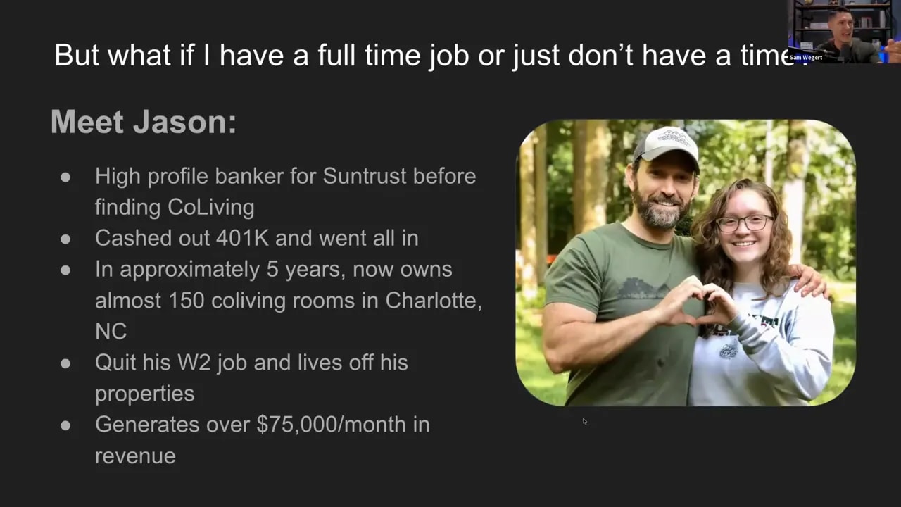 Slide with “Meet Jason” heading, bullet points about co-living ownership, and a photo