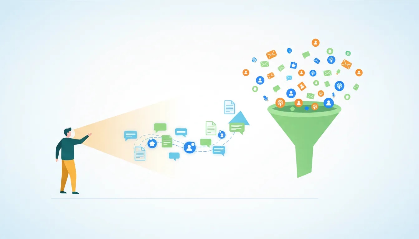 Illustration of a mentor guiding a content engine into a wider top-of-funnel to grow in 2026