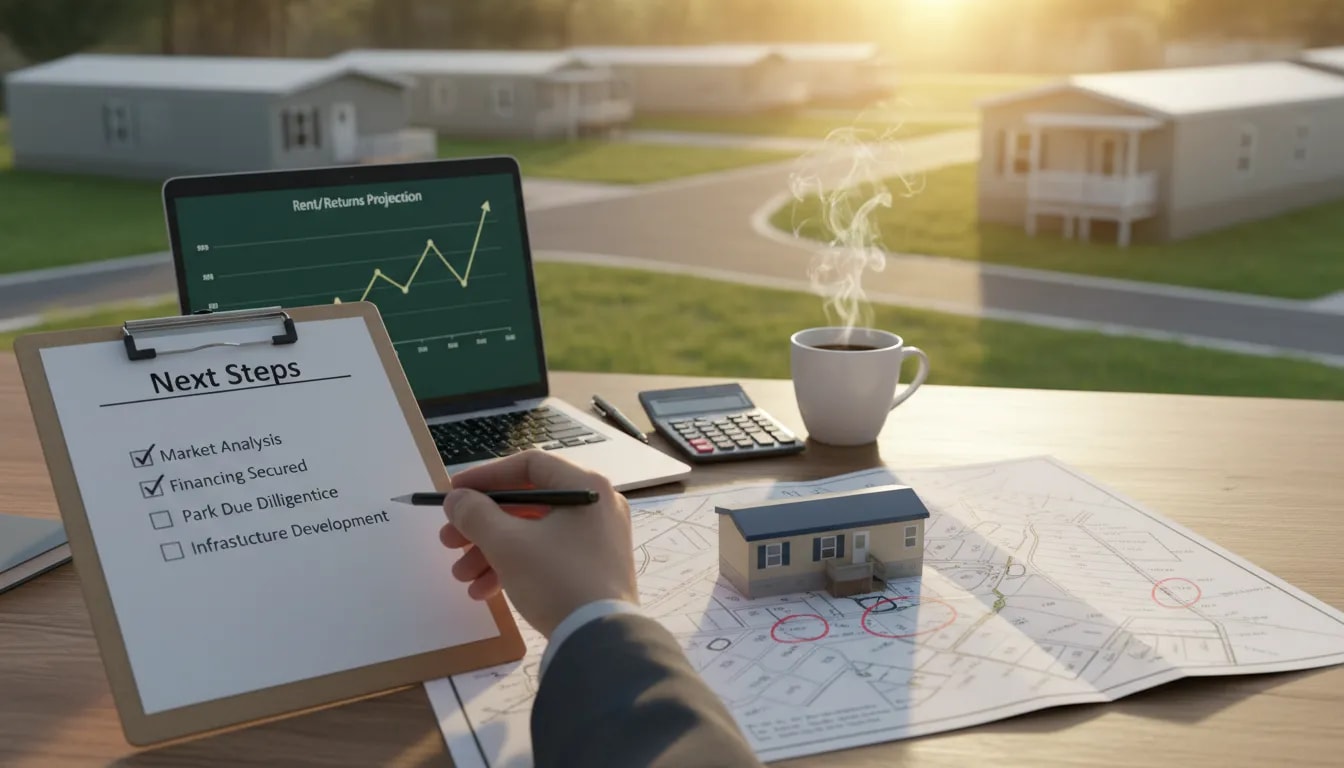 Investor checklist and planning tools for mobile home park investing next steps with park map and laptop