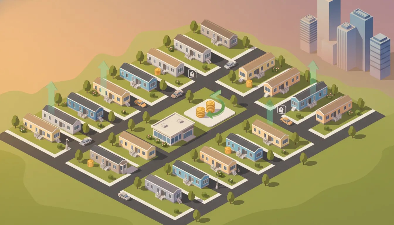 Aerial isometric view of a mobile home park with upward arrows, price tags and cash icons illustrating rent growth, cash flow, and exit opportunities.