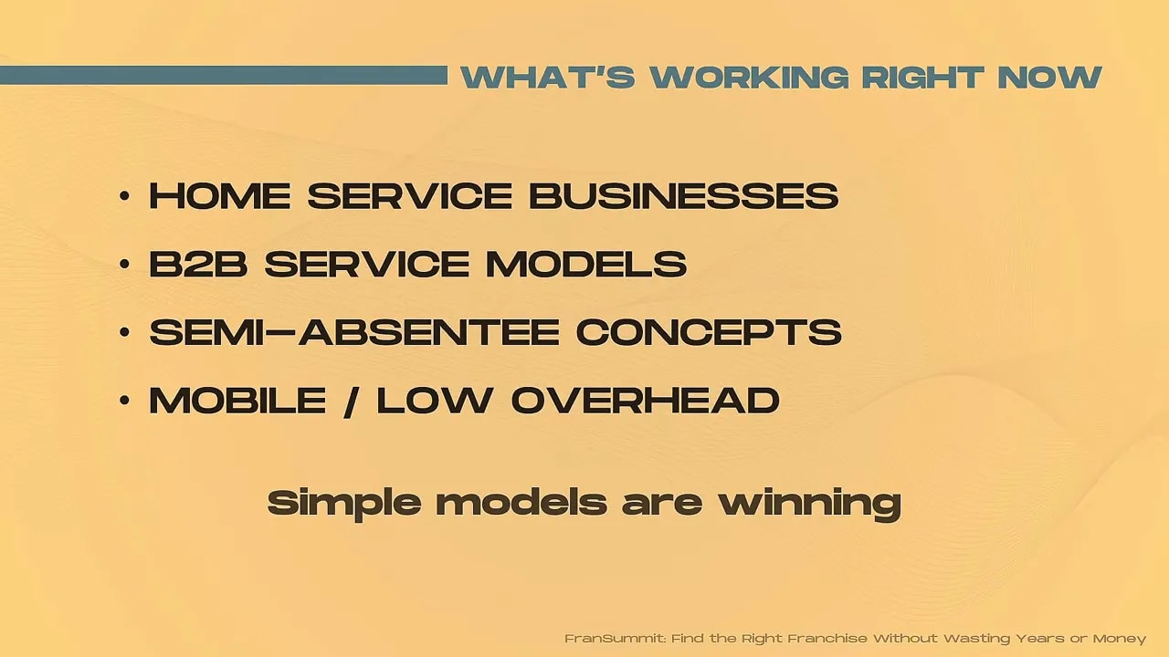 Slide showing business ownership models that are working right now including home service businesses, B2B service models, semi-absentee concepts, and mobile low overhead