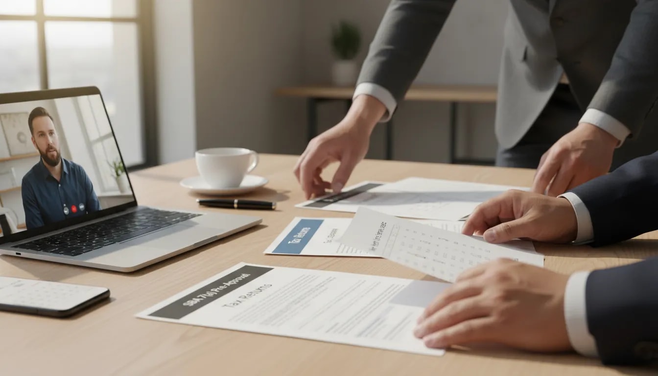 Hands organizing financial documents and a checklist for buying a business, laptop with advisor on a video call and a 2026 calendar visible
