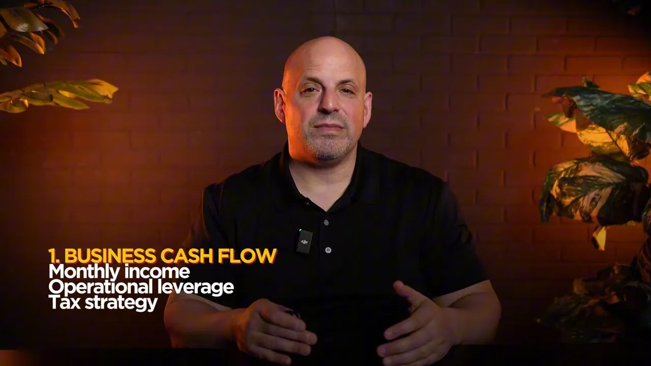 On-screen framework showing business cash flow, operational leverage, and tax strategy during business ownership discussion