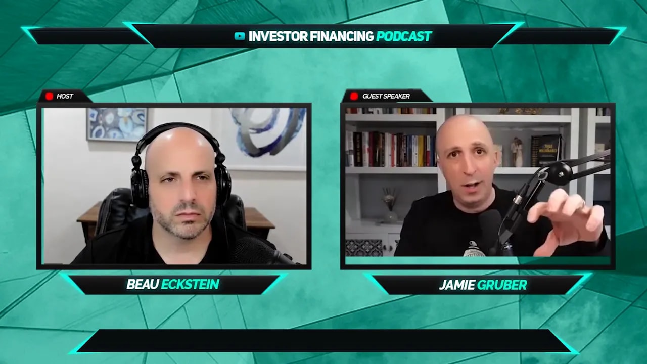 Split-screen podcast: guest gesturing to explain a tiered framework with host listening.