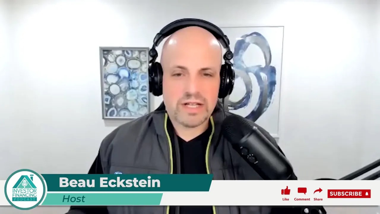 Podcast host on video with headphones and microphone, podcast lower-third branding visible