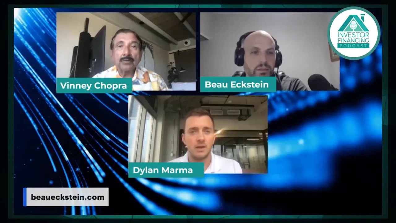 Three-person podcast webinar screenshot with teal lower-thirds and blue abstract background
