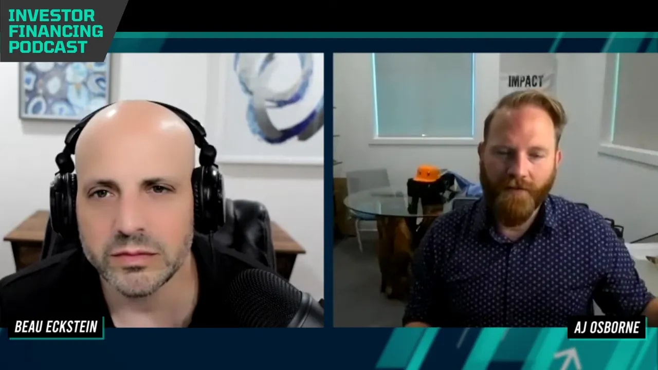 Crisp split-screen podcast frame with left host facing camera wearing headphones and right guest seated at a desk, both clearly visible.