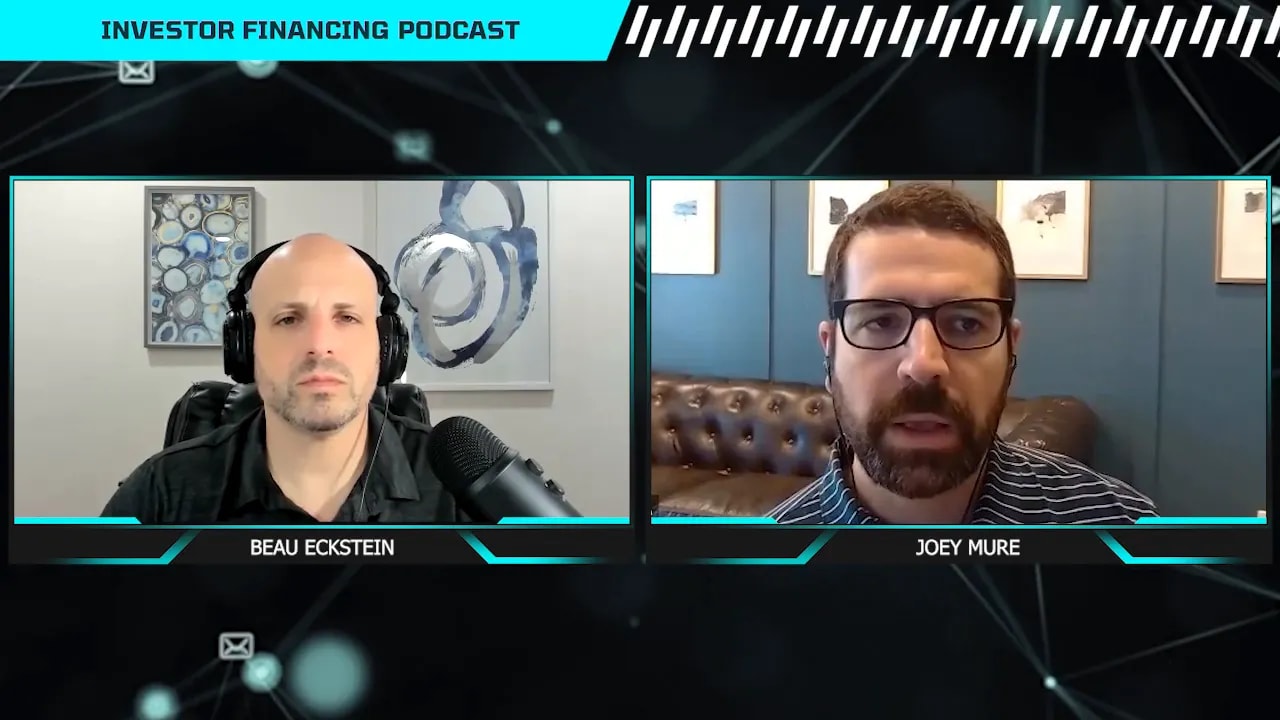 Crisp split-screen podcast interview showing left and right speakers with branded header