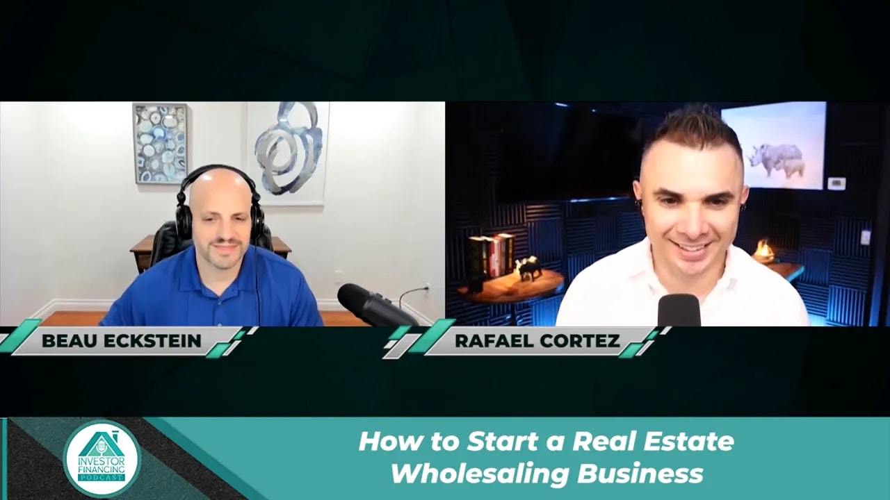 High-quality split-screen podcast frame with two hosts, clear lighting, and a teal lower banner about starting a real estate wholesaling business.