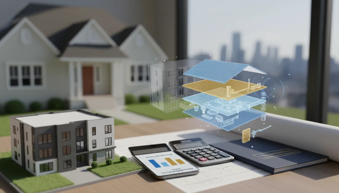 Illustration of bonus depreciation and cost segregation benefits for a rental property with business tax documents and a property model