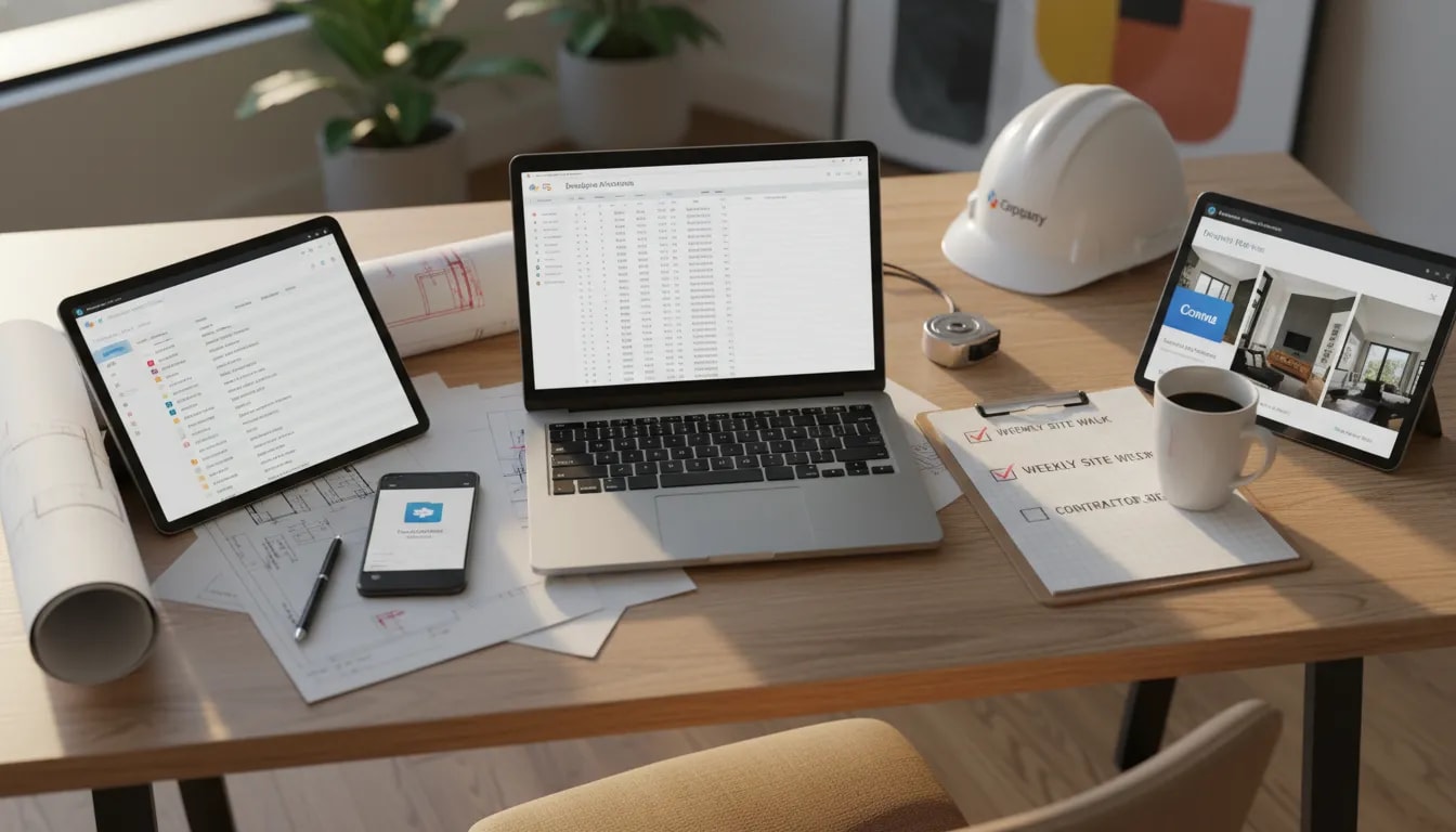Overhead view of a project manager desk: laptop spreadsheet, Airtable on tablet, DocuSign on phone, blueprints, hard hat and checked checklist