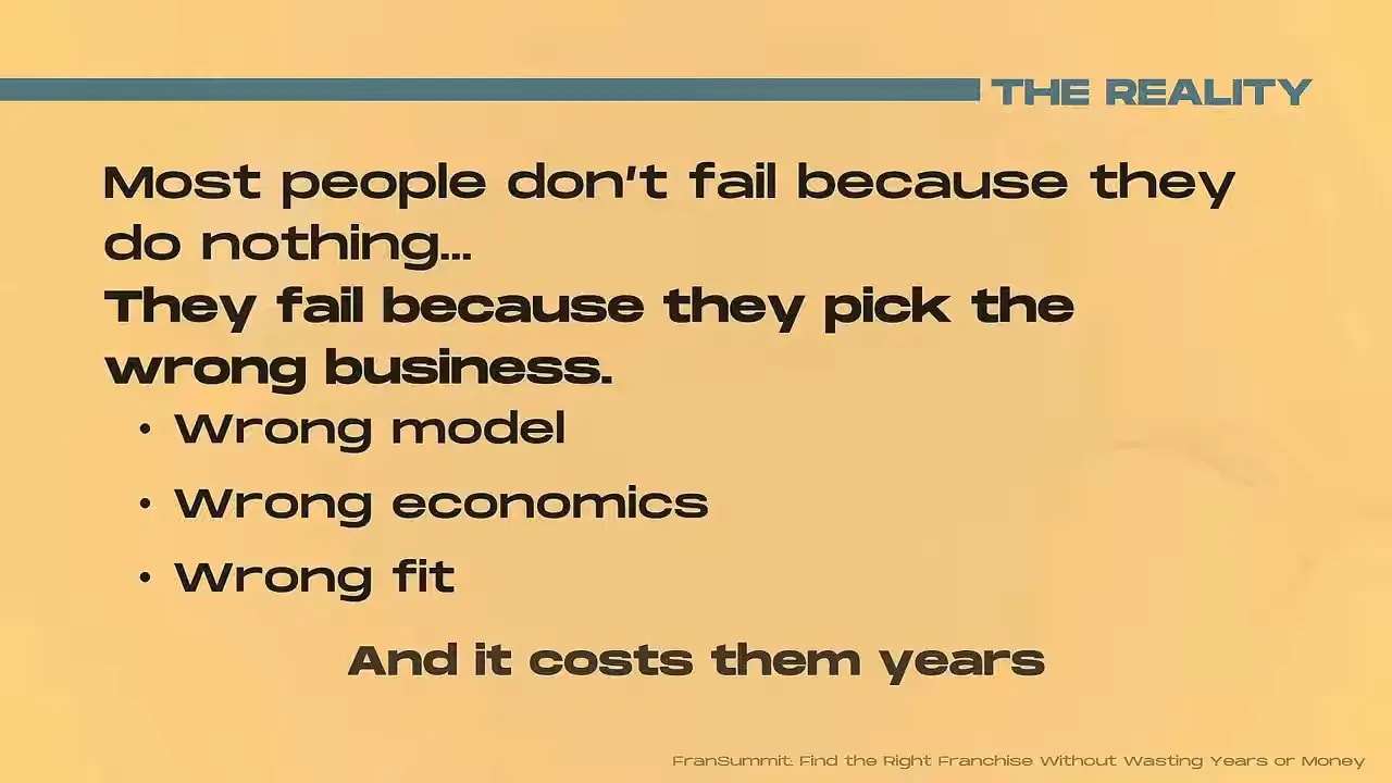 Slide showing the reality that most people fail because they pick the wrong franchise business model, economics, and fit